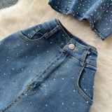 Fashion Beaded Denim summer Strapless Vest High Waist Denim Bell Bottom Trousers Two Piece Set for Women
