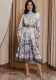 Elegant Print Row Jewelry Button Floral Lantern Sleeve Midi Dress with Belt