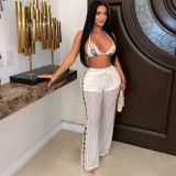 Women's Sexy See Through Hollow Three Piece Casual Beach Knitting Pants Set
