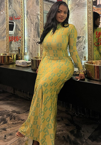 Women's Spring Summer Fashion Long Sleeve Slim Fit Print Long Dress