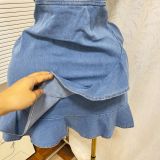Women's Summer Elastic Slim Waist Sexy Denim Strap Ruffled Bodycon Short Dress