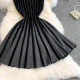Chic Elegant Stripes Slim Waist Strap Knitting A-line Short Dress for Women