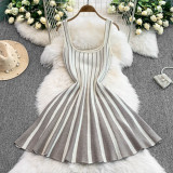 Chic Elegant Stripes Slim Waist Strap Knitting A-line Short Dress for Women