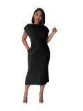 Fashionable Casual Solid Color Slit Dress with Pockets