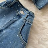 Fashion Beaded Denim summer Strapless Vest High Waist Denim Bell Bottom Trousers Two Piece Set for Women
