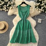 Women's Summer Square Neck Sleeveless Striped Slim Knitting Dress
