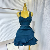 Women's Summer Elastic Slim Waist Sexy Denim Strap Ruffled Bodycon Short Dress