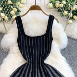 Chic Elegant Stripes Slim Waist Strap Knitting A-line Short Dress for Women