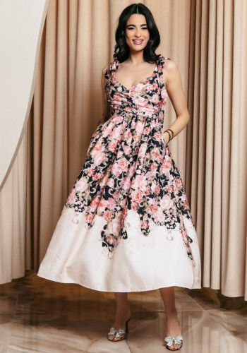 Summer Sweet Floral Strap Sleeveless A line Long Dress