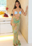 Spring Sexy Strap Patchwork Open Waist Print Contrast Color Low Back Long Dress