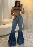 Fashion Beaded Denim summer Strapless Vest High Waist Denim Bell Bottom Trousers Two Piece Set for Women