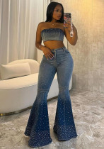 Fashion Beaded Denim summer Strapless Vest High Waist Denim Bell Bottom Trousers Two Piece Set for Women