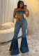 Fashion Beaded Denim summer Strapless Vest High Waist Denim Bell Bottom Trousers Two Piece Set for Women