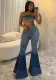 Fashion Beaded Denim summer Strapless Vest High Waist Denim Bell Bottom Trousers Two Piece Set for Women