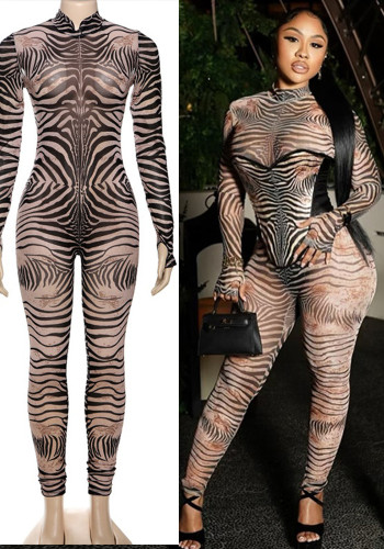 Spring Women's Sexy Fashion Long Sleeve Zebr Print Mesh High Waist Jumpsuit