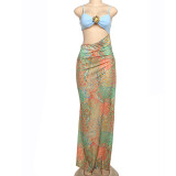 Spring Sexy Strap Patchwork Open Waist Print Contrast Color Low Back Long Dress