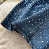Fashion Beaded Denim summer Strapless Vest High Waist Denim Bell Bottom Trousers Two Piece Set for Women