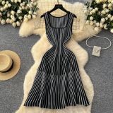 Women's Summer Square Neck Sleeveless Striped Slim Knitting Dress