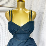 Women's Summer Elastic Slim Waist Sexy Denim Strap Ruffled Bodycon Short Dress