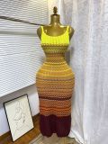 Women's Summer Strap Knitting Gradient Color Slim Bodycon Long Dress