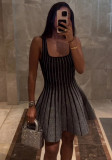 Chic Elegant Stripes Slim Waist Strap Knitting A-line Short Dress for Women