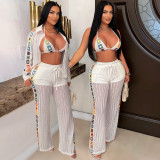 Women's Sexy See Through Hollow Three Piece Casual Beach Knitting Pants Set