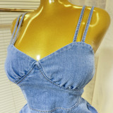 Women's Summer Elastic Slim Waist Sexy Denim Strap Ruffled Bodycon Short Dress