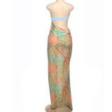 Spring Sexy Strap Patchwork Open Waist Print Contrast Color Low Back Long Dress