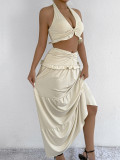 Summer Women's Fashion Sexy Halter Neck Top Low Waist Long Skirt Two piece Set