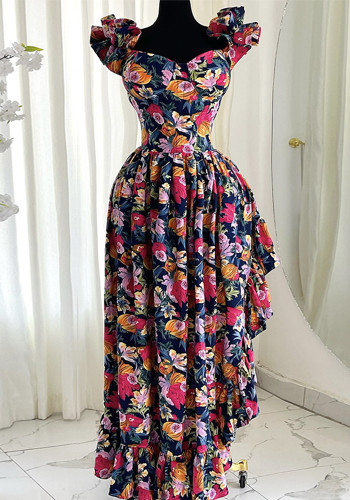 Women's Spring Fashion V neck Floral Print High Waist Strap Irregular Dress