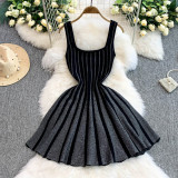 Chic Elegant Stripes Slim Waist Strap Knitting A-line Short Dress for Women