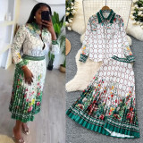 Fashion Women's Contrast Color Print Long Sleeved Shirt High Waist Pleated Skirt Two Piece Set