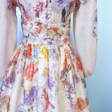 V neck Floral Print High Waist Pleated Holidays Short Dress for Women