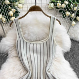 Chic Elegant Stripes Slim Waist Strap Knitting A-line Short Dress for Women