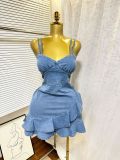 Women's Summer Elastic Slim Waist Sexy Denim Strap Ruffled Bodycon Short Dress