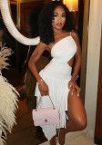 Women's Pleated Fashion Elegant Solid Color Slash Shoulder One Shoulder Strap Slit Irregular Dress