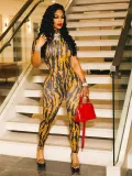 Women Trendy Printed Sexy Stretchy Short-sleeved High Neck Jumpsuit