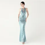 Women Halter Neck high collar hollow fishtail Bodycon fish scale sequin Formal Party evening dress