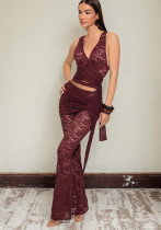 Women Hollow V Neck Crop Top Wrap Skirt with Pleated Bell Bottom Pants Two Piece Set