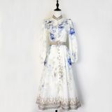 Elegant Print Row Jewelry Button Floral Lantern Sleeve Midi Dress with Belt