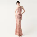 Women Halter Neck high collar hollow fishtail Bodycon fish scale sequin Formal Party evening dress
