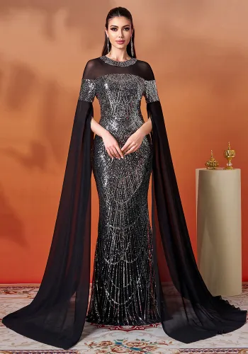 Women long-sleeved round neck Bodycon sequins Formal Party fishtail evening dress