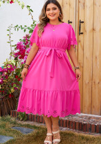 Plus Size Women spring and summer solid hollow printed short-sleeved dress
