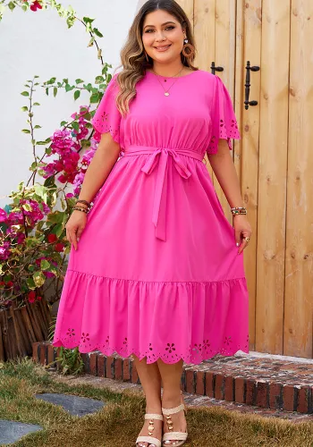 Plus Size Women spring and summer solid hollow printed short-sleeved dress