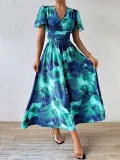 Plus Size Women Elegant V Neck Tie-Dye Print Maxi Dress