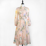 Elegant Print Row Jewelry Button Floral Lantern Sleeve Midi Dress with Belt
