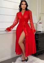 Women Heart Print Mesh Robe Nightgown Sexy Lingerie Two Piece Set