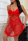 Women Sexy Red Heart Print Mesh Suspender See-Through Dress Sexy Lingerie