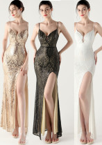 Women sequined sexy V-neck spaghetti strap cross Lace-Up fishtail skirt red carpet Formal Party evening dress