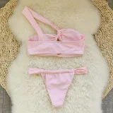Women Sexy Solid One Shoulder Lace-Up Bikini Swimsuit Three-Piece